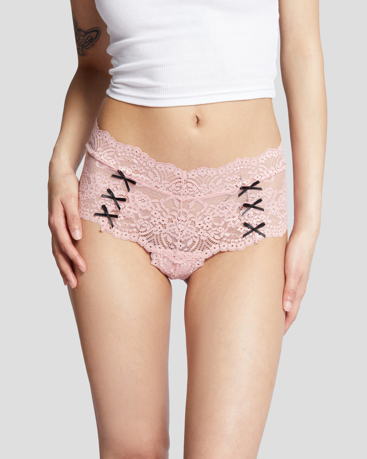 Kitten Bow Lace-Trim Thong in Blush/Black