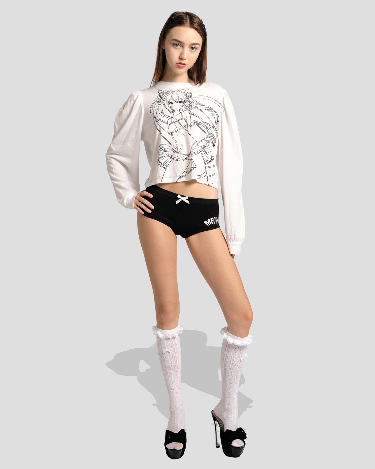 Kitty Senshi Puff Crop Top in Soft White, full-length front view