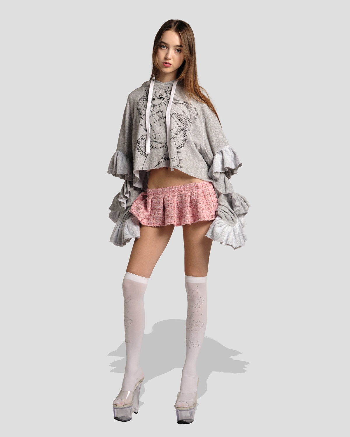 Kitty Senshi Ruffle Cropped Hoodie, full-length front view with a pink plaid mini skirt