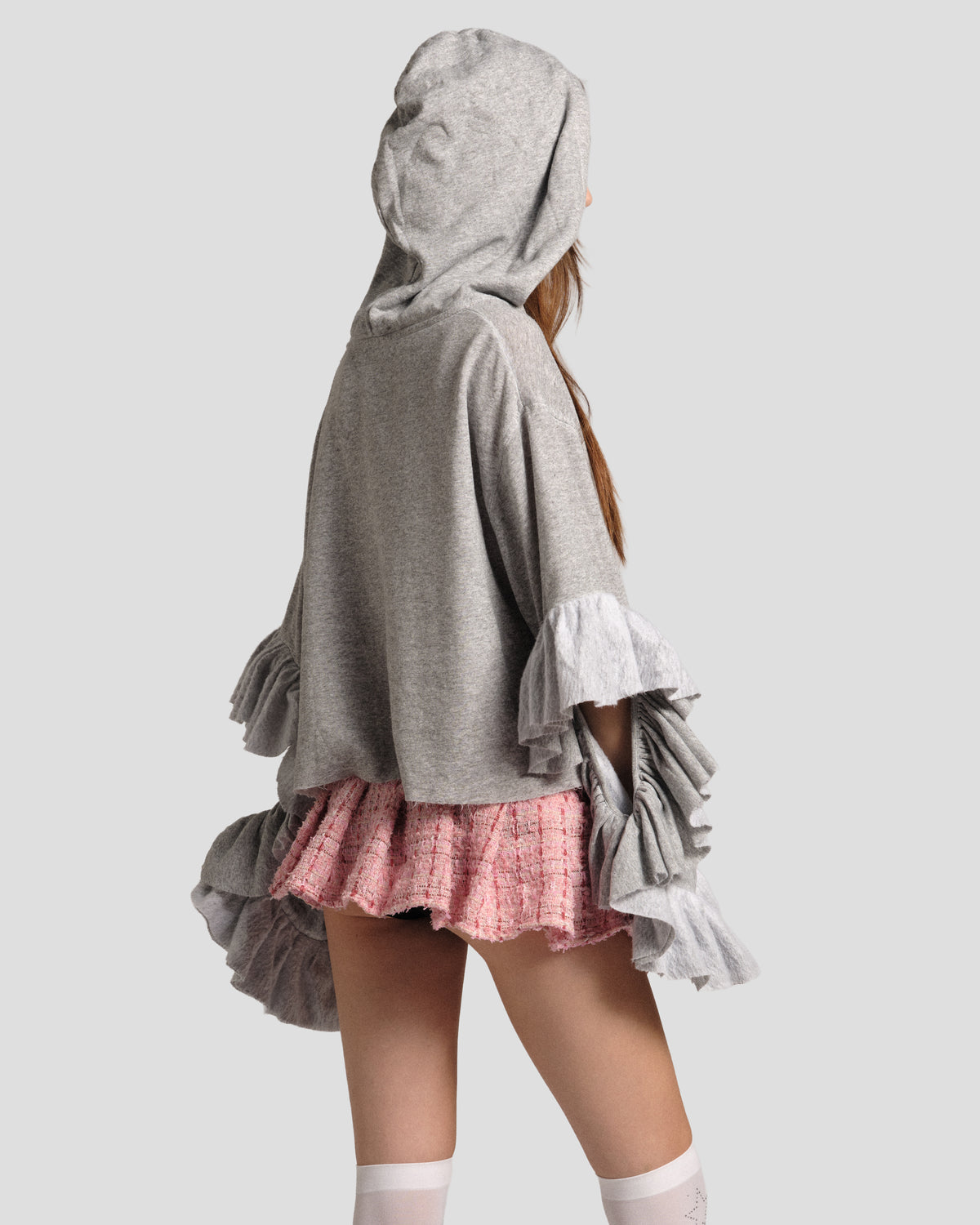Kitty Senshi Ruffle Cropped Hoodie, back view with the hood up
