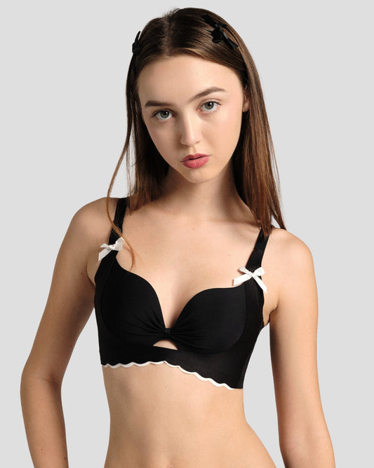 Little Darling Scallop Push Up Bra in Noir: black with white scallop trim, satin bows and keyhole, front close-up