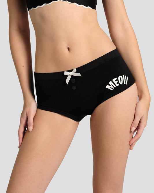 Little Darling Boyshorts in Noir: black with white MEOW print and white satin bow, front close-up