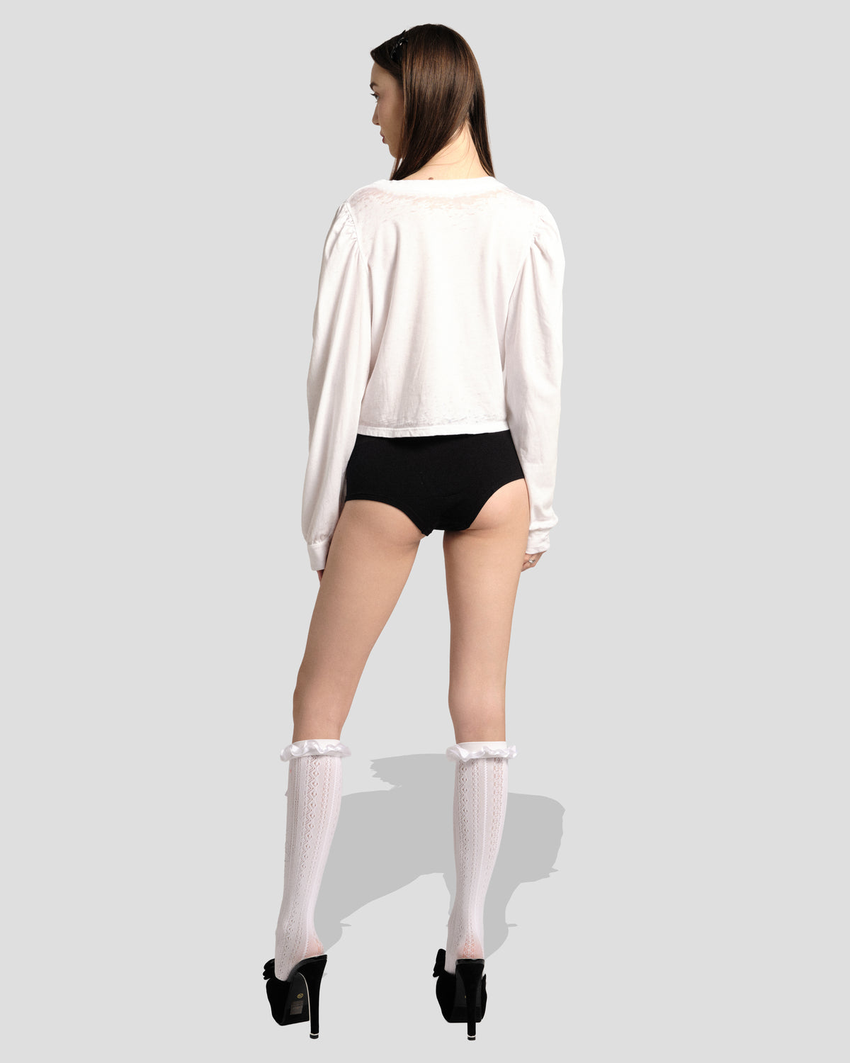 Kitty Senshi Puff Crop Top in Soft White, full-length back view