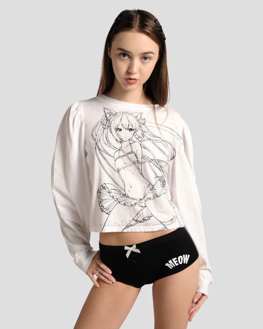 Kitty Senshi Puff Crop Top in Soft White: puff-sleeve crop with anime line-art print, front view